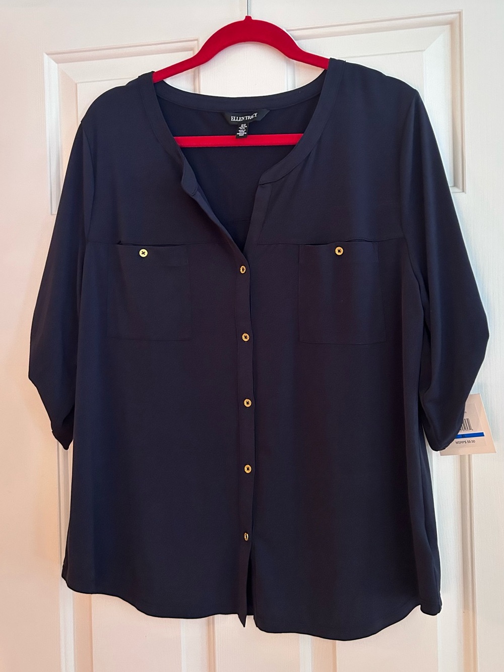NWT Ellen Tracy Navy Button-Down Shirt with Gold Buttons XL
